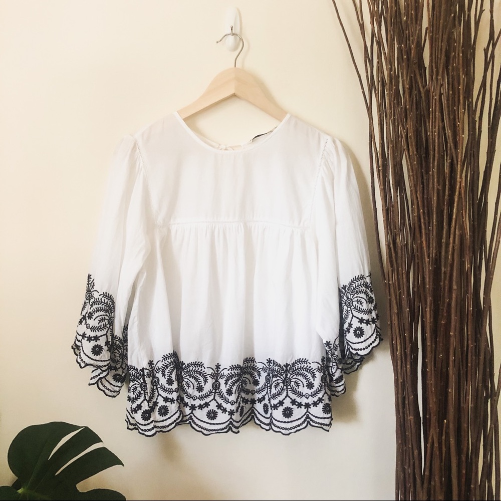 Zara White Blouse with Black Embroidery